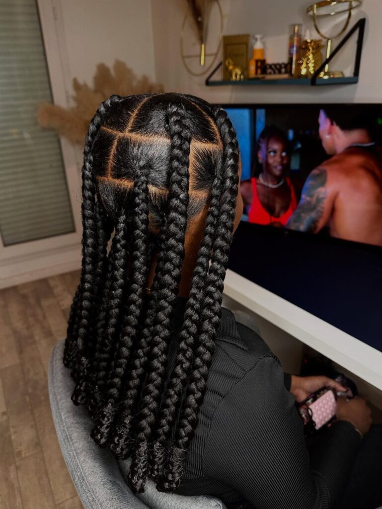 Long black box braids with square scalp partitions on a person's head.