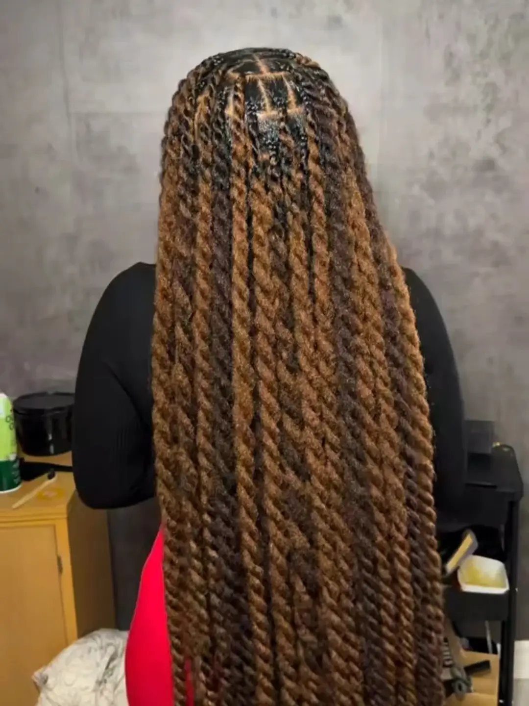 Long reddish-brown twisted braids on a person with deep skin, viewed from behind.