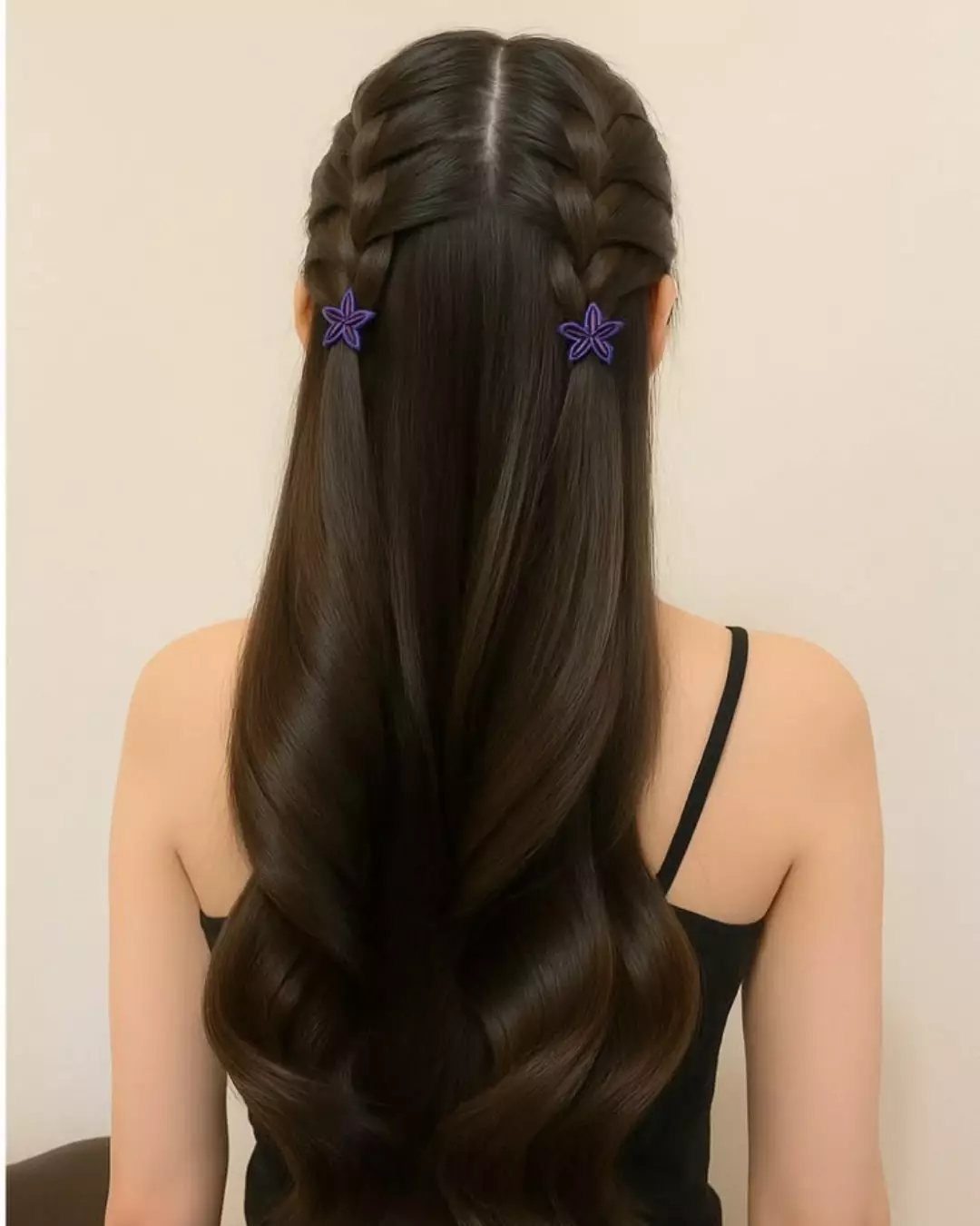 Long brown hair with braided top sections and purple star clips from behind