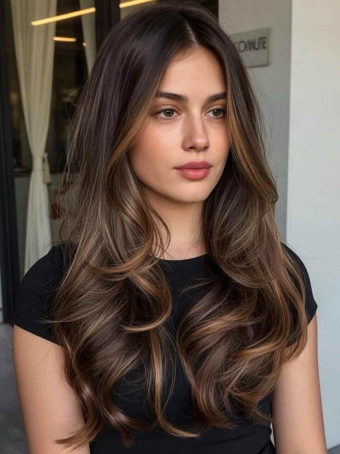 Woman with long wavy dark brown hair and golden honey balayage highlights.