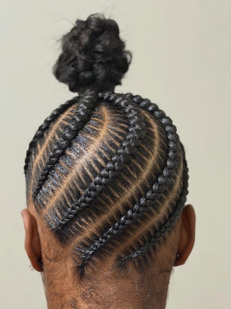 Cornrow braids on a person's head leading into a small top bun.