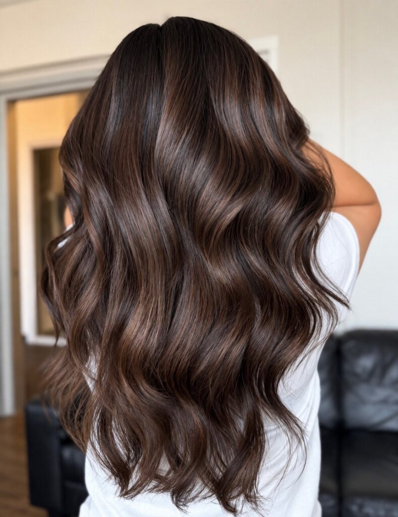 Long, glossy brunette hair styled in deep, voluminous waves seen from behind.