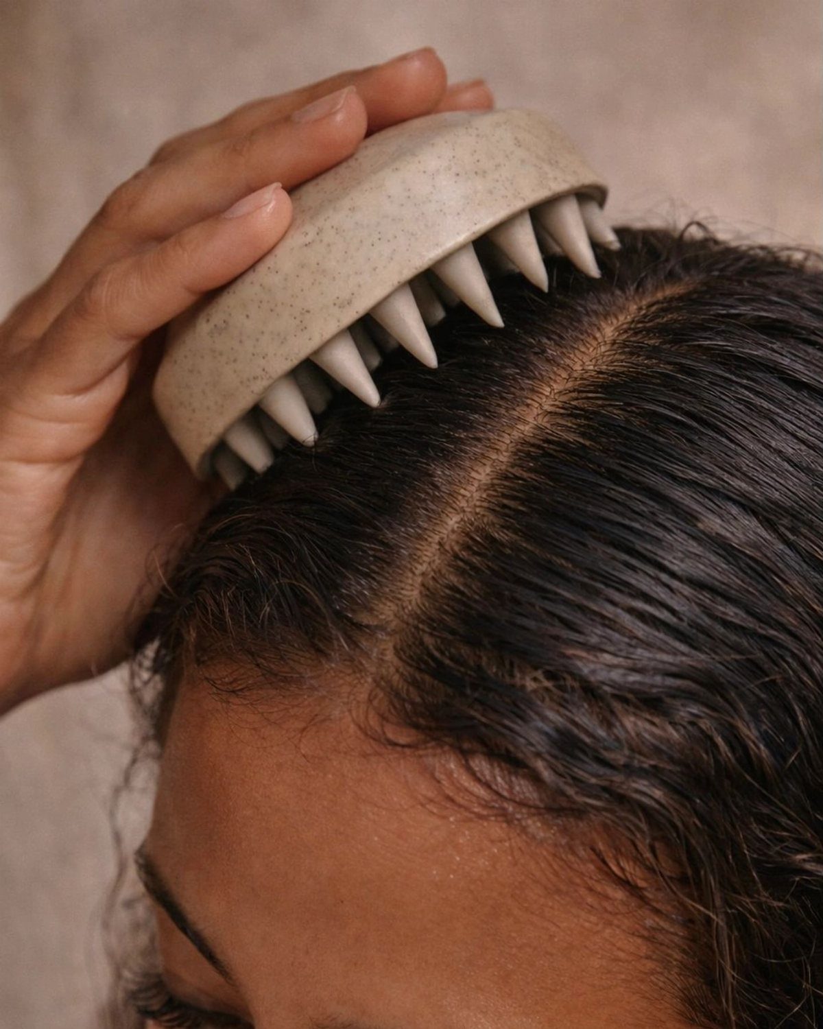 Hand using a beige spiked scalp massager on dark hair at the part.