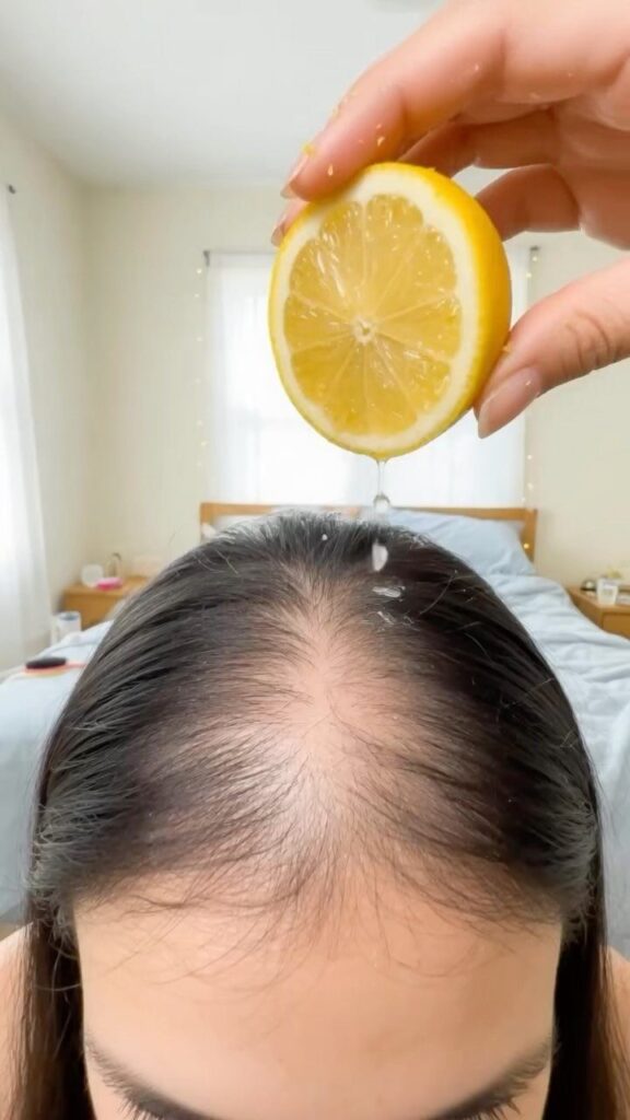 Lemon slice being squeezed over a person's scalp to apply fresh juice.