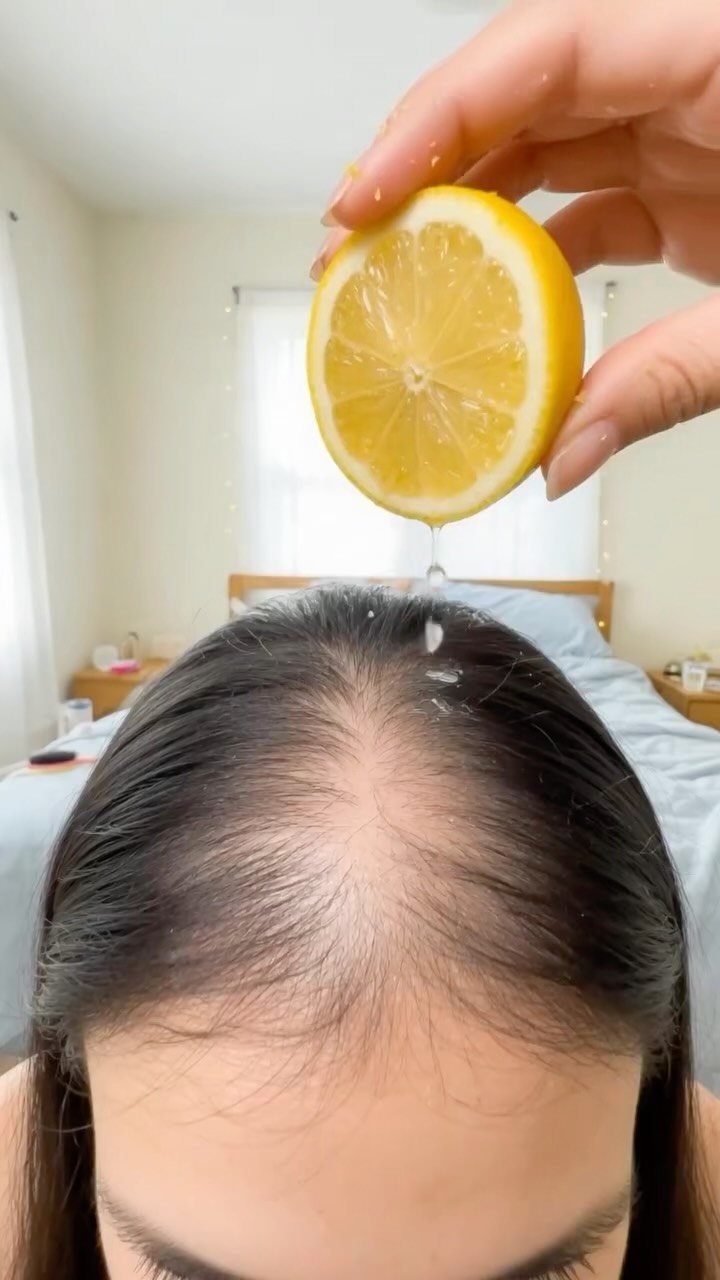 Lemon slice being squeezed over a person's scalp to apply fresh juice.