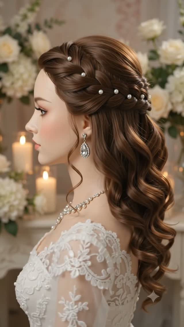 Woman with a pearl-adorned crown braid and long curly brown hair wearing lace.