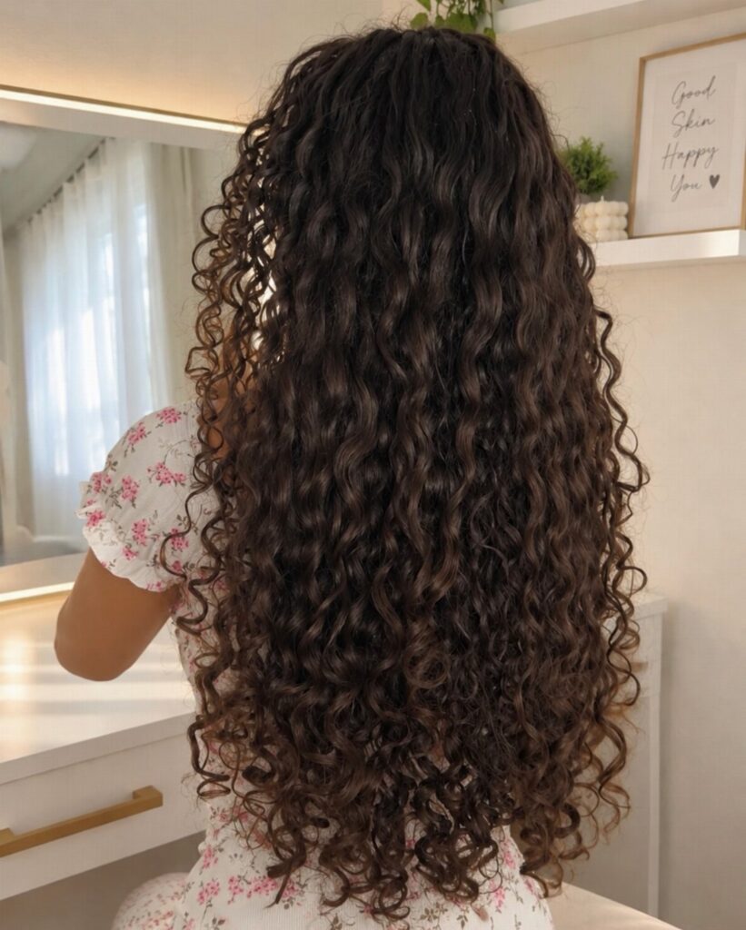 Long, voluminous dark brown curly hair cascading down a person's back in a room.