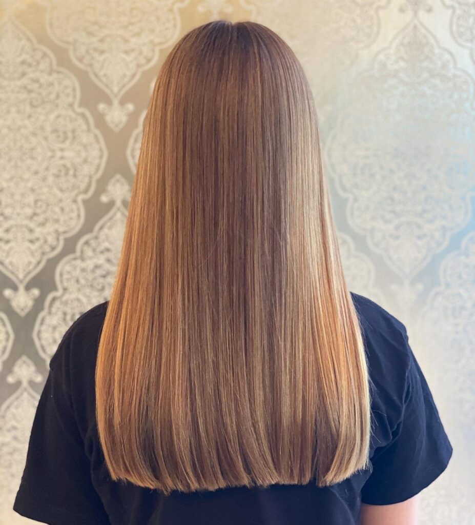 Long straight light brown hair with a blunt cut seen from behind