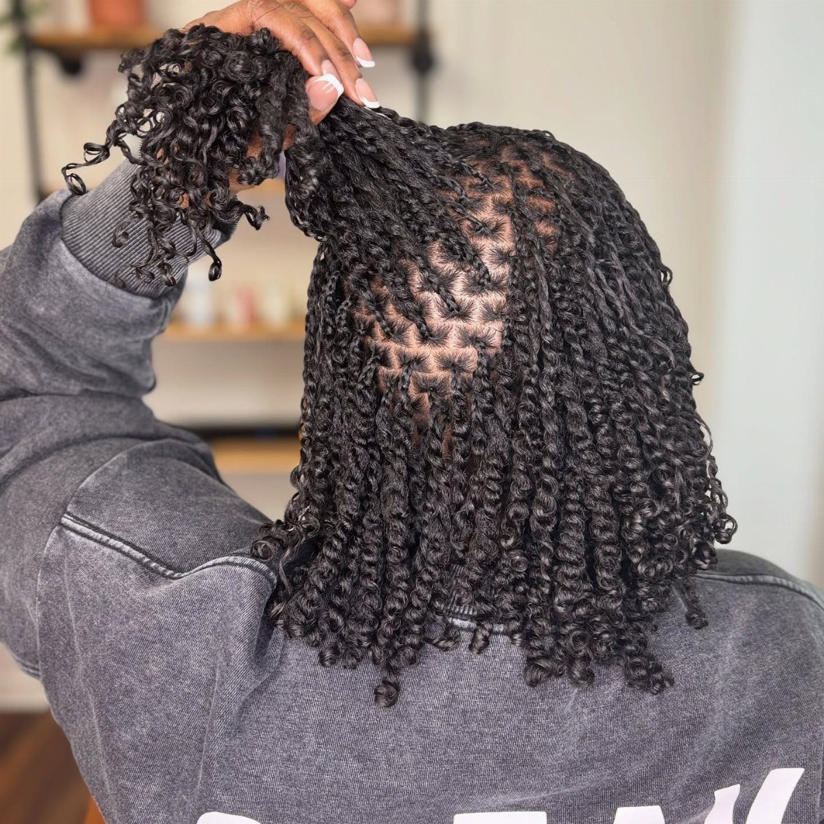 Black hair styled in small two-strand mini twists seen from the back.