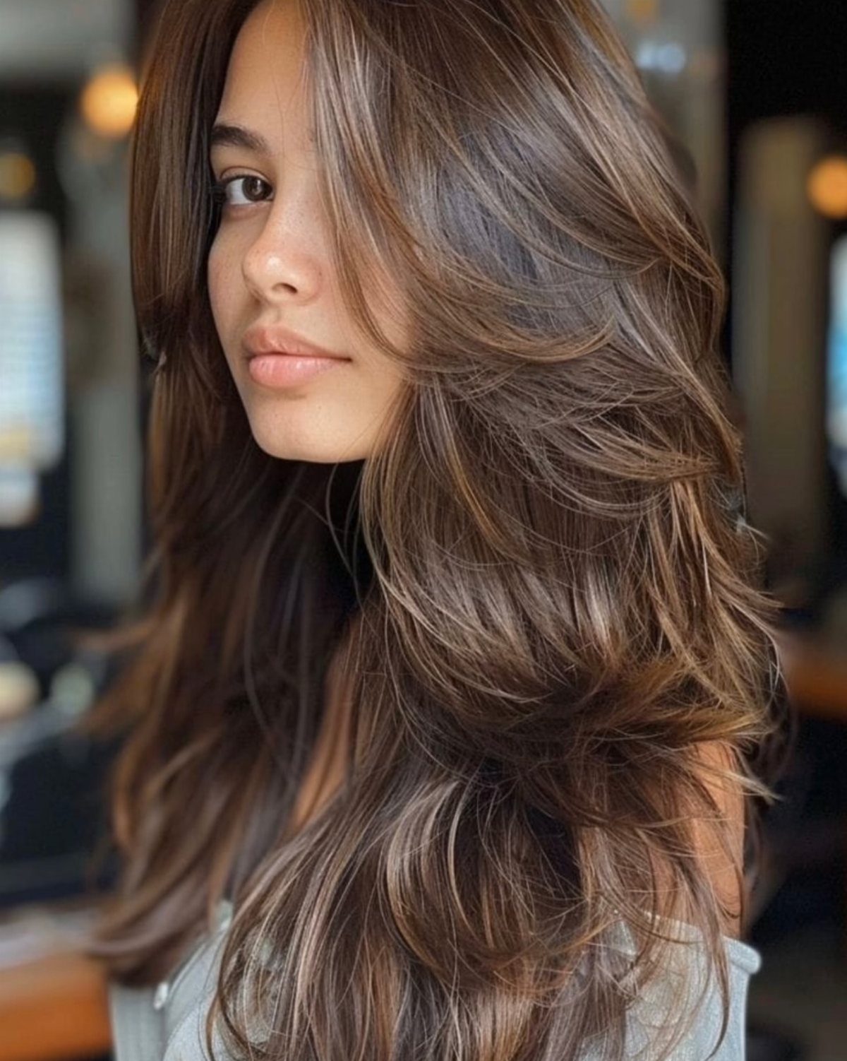 Woman with long layered hair featuring toffee and caramel highlights in a portrait.