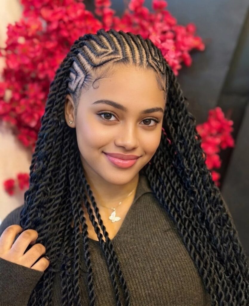 Woman with long black twisted braids and geometric scalp parting patterns.